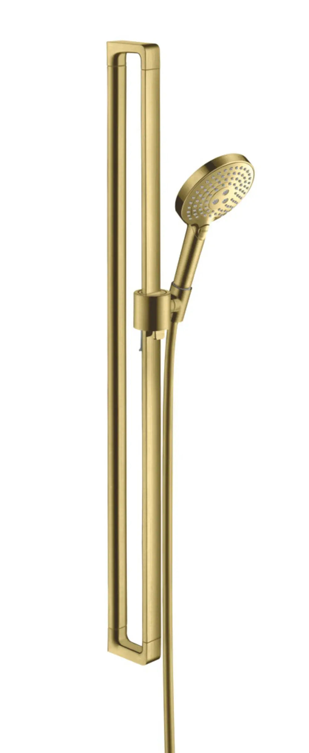 Brauseset von AXOR mit einer Handbrause und einem schlanken Halter in mattem Brushed Brass, montiert an einer Wand.